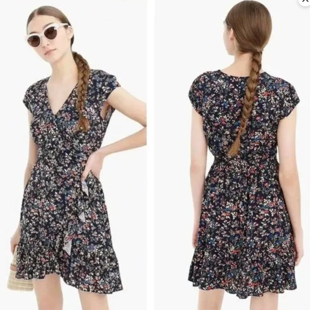 J. Crew Ruffle-front Mini Faux Wrap Dress in Tapestry Blue Floral (size 8)
